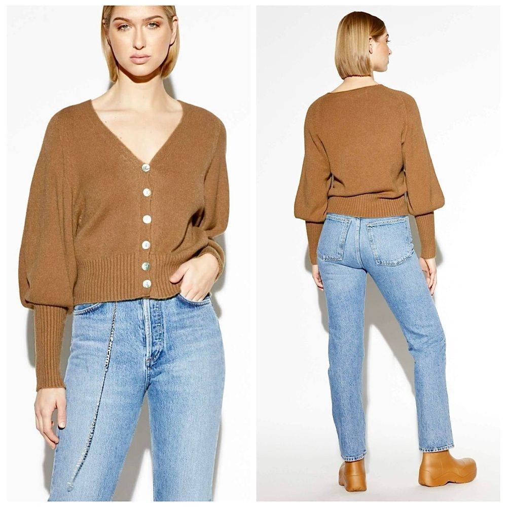 Apparis  Italy “The Stacey” V-neck Tan Button Up Top/Cardigan Extra Long Cuff OS
